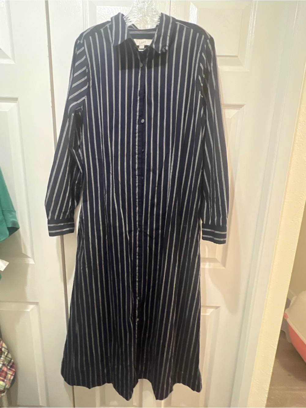 LOFT Navy and White Vertical Stripe Long Sleeve Shirt Dress